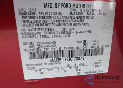 2018 Ford Ecosport Se z USA, uszkodzony, nr VIN MAJ3P1TE2JC178875